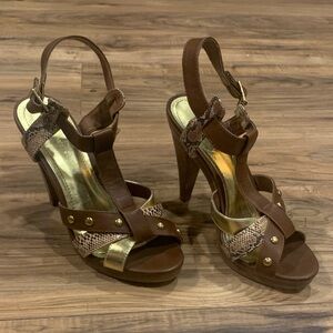 H&M Brown and Gold Snakeskin-Accent High Heel Sandals